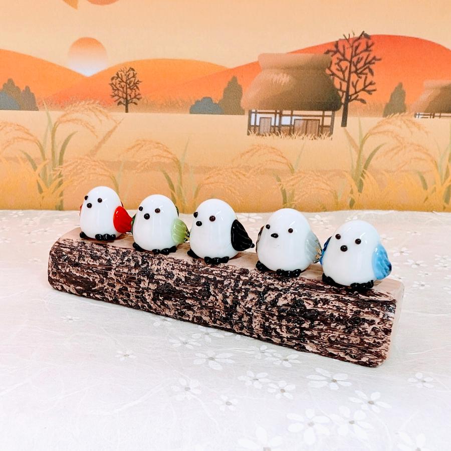 ガラス細工 シマエナガ5人ベンチ（木台付） ミニチュア 雑貨 置物 小物