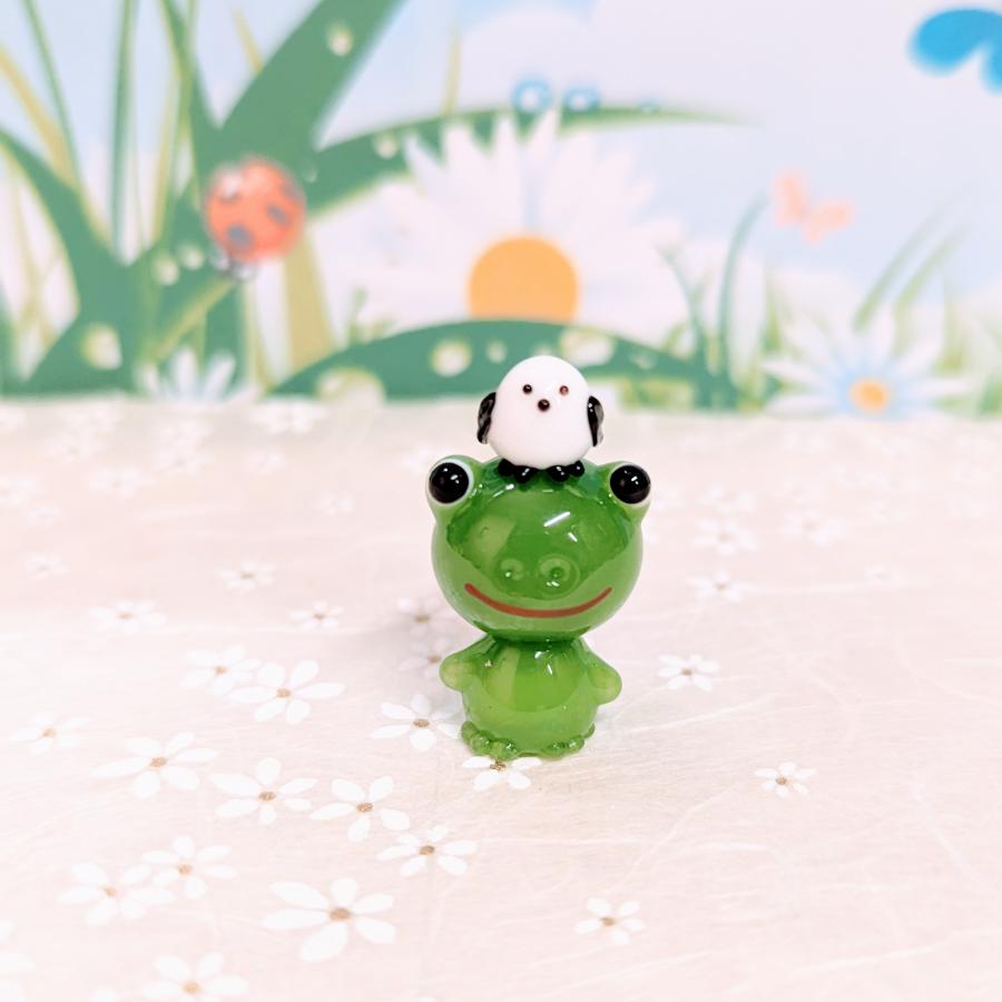 ガラス細工 シマエナガとカエル ミニチュア 雑貨 置物 小物 鳥 蛙