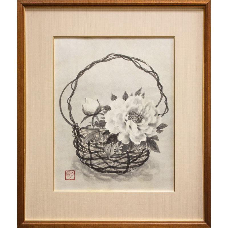 穐月 明 「 籠の牡丹 」 墨彩画 F6 (6号 ) 絵画 日本画 手書き 肉筆
