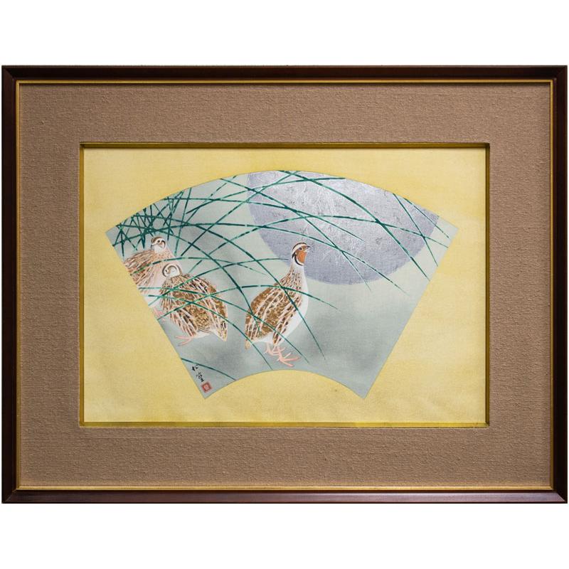 上村松篁 「 月に鶉 」 木版画 版画 日本画 絵画 秋 月 扇面 花鳥 送料