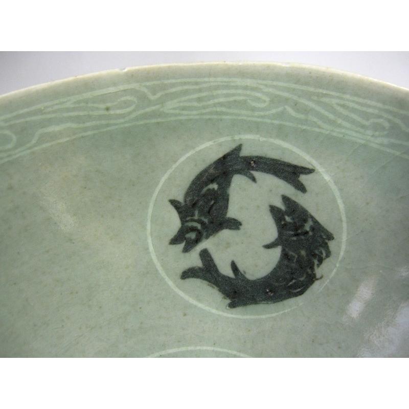 高麗青磁 象嵌魚文鉢 茶碗 李朝 陶磁器 韓国 朝鮮 茶道具 美品 茶道