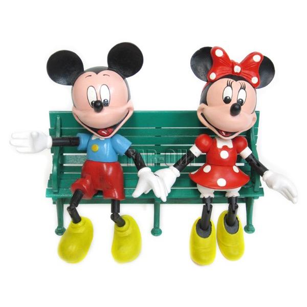 ミッキー&ミニー 木製ドール 2点セット ベンチ付き マホガニー 人形