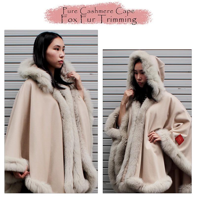 カシミヤ100%とフォックス毛皮のマント 三陽商会 カシミヤ100%と
