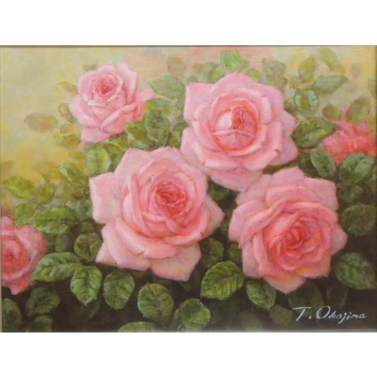 絵画 油絵 ばら（ピンクのバラ） （岡島哲夫） 【肉筆】【油絵】【花