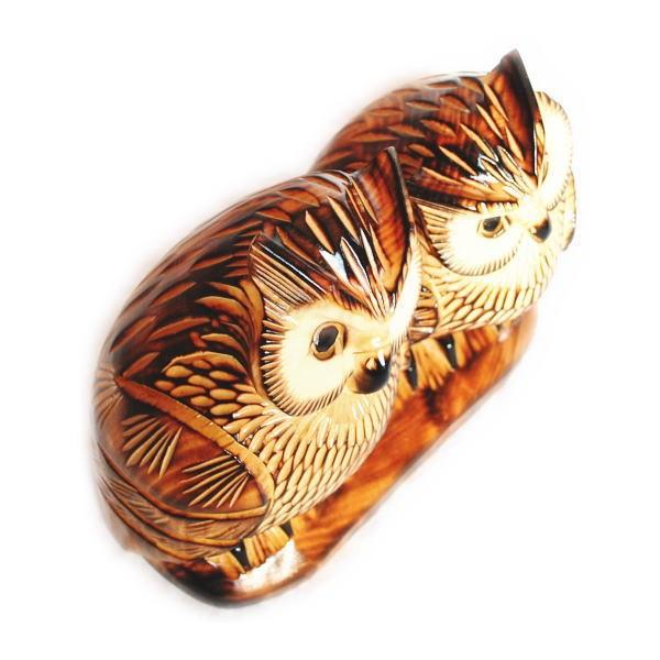 木彫りのふくろうの置物 焼き 台付 夫婦 6号 彫刻 インテリア