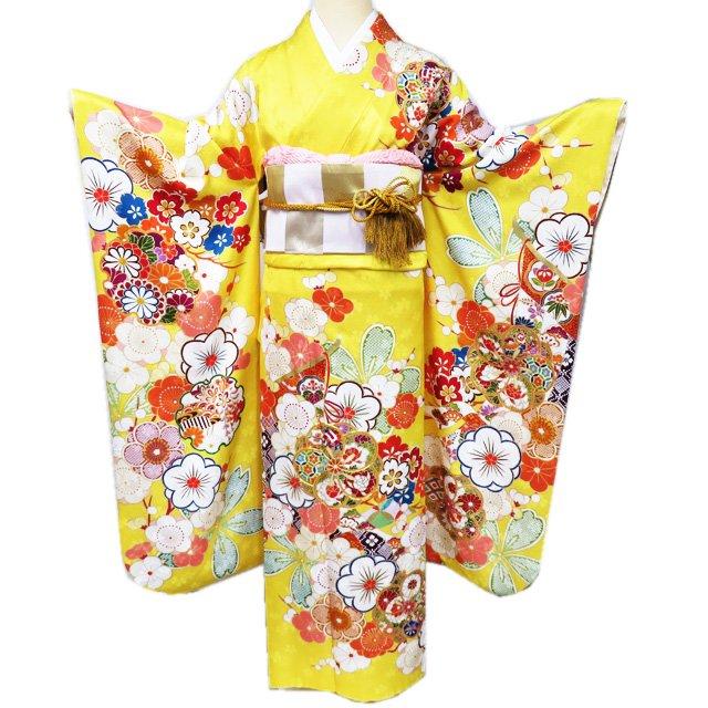 振袖 着物 中古 リサイクル 正絹 金駒刺繍 花模様 梅 桜 鹿の子 地模様