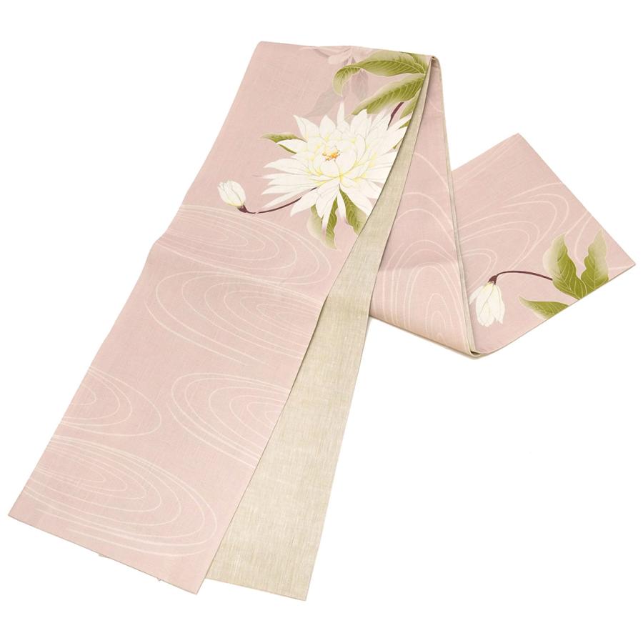 京袋帯 WAKKA 麻 月下美人 花 夏帯 ピンク お太鼓 一重太鼓 オフ