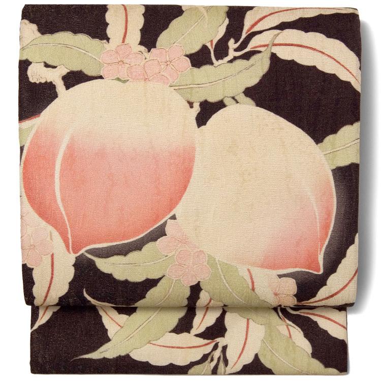 名古屋帯 桃 ダークブラウン レトロ アンティーク調 絹 日本製 お太鼓