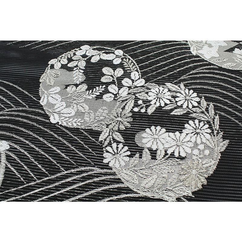 名古屋帯 夏物 極上唐織 黒地 西陣ふくい 菊 撫子 萩 秋草 花の丸 波