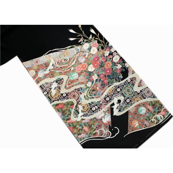 正絹黒留袖 未仕立て 仮絵羽 流水と鶴に四季の花柄 礼装 黒留め袖 新品