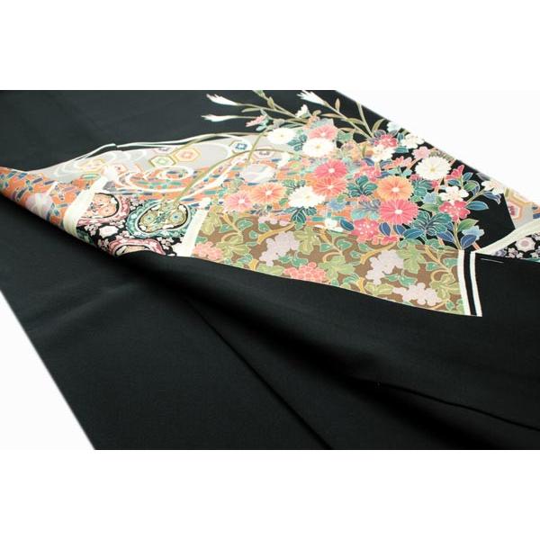 正絹黒留袖 未仕立て 仮絵羽 流水と鶴に四季の花柄 礼装 黒留め袖 新品