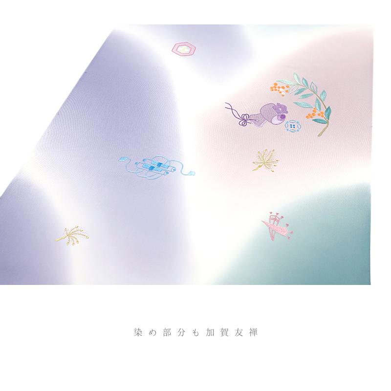 加賀繍 加賀友禅 名古屋帯 九寸 友禅染 紫 白 緑 ピンク 正絹 反物 未