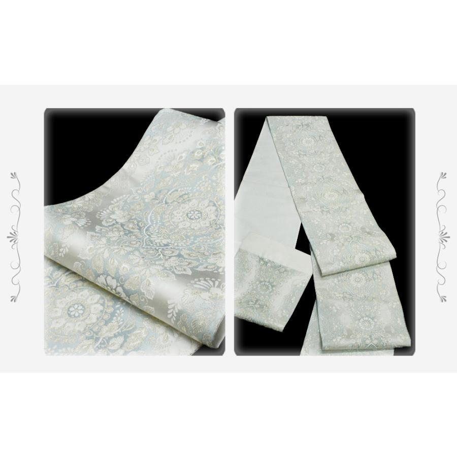 袋帯 唐織 正絹 洛陽織物 西陣織 白銀地 立枠 宝彩文 唐草 金糸 未