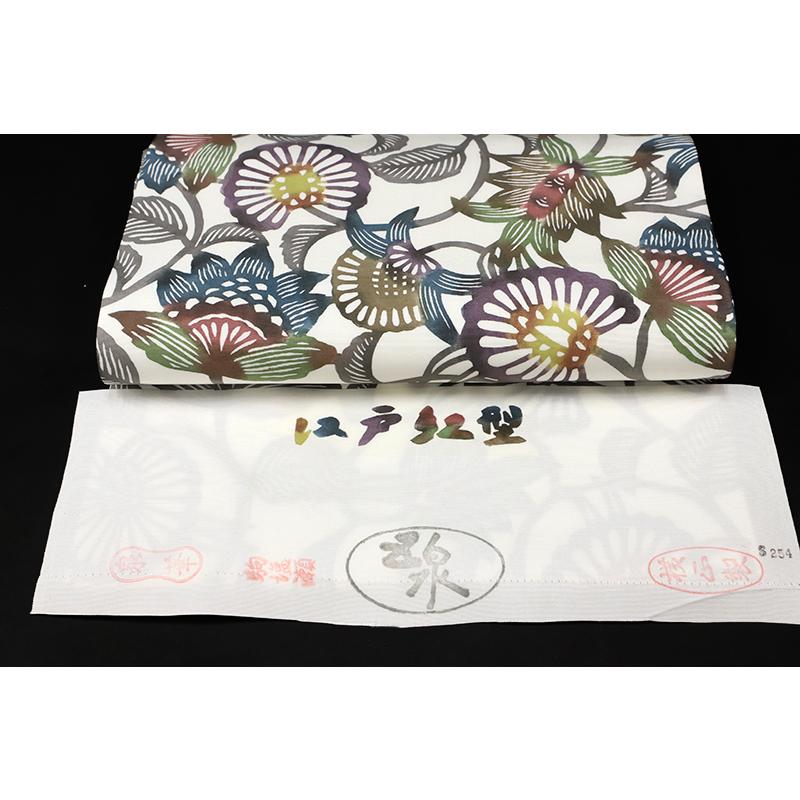 江戸紅型 名古屋帯 紅型染 最駒塩瀬 五泉 白地 花唐草 更紗 正絹