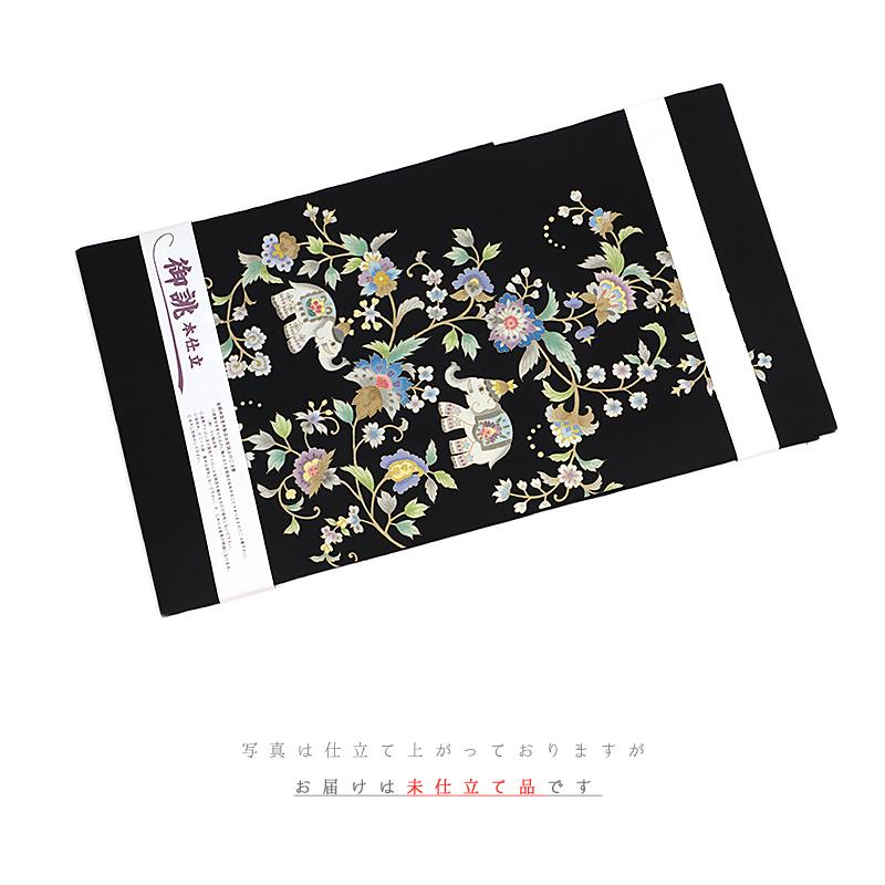 名古屋帯 岡重 黒地 象 花唐草 唐花 更紗 最塩瀬 友禅染 新品 未仕立て