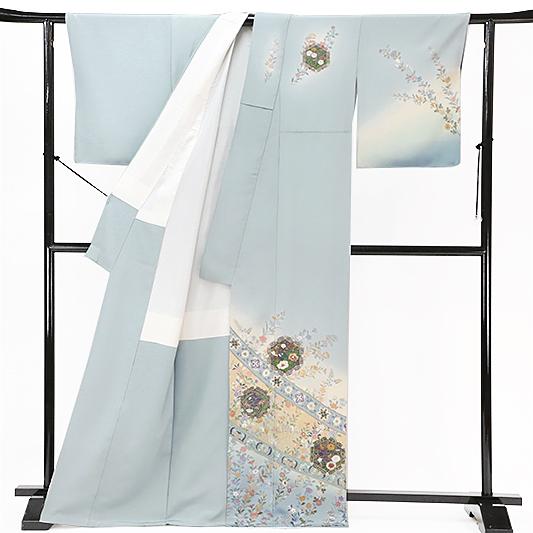 訪問着 正絹 ブルーグレー 更紗 菊 桔梗 桜 唐草 花 スワトウ刺繍 新品