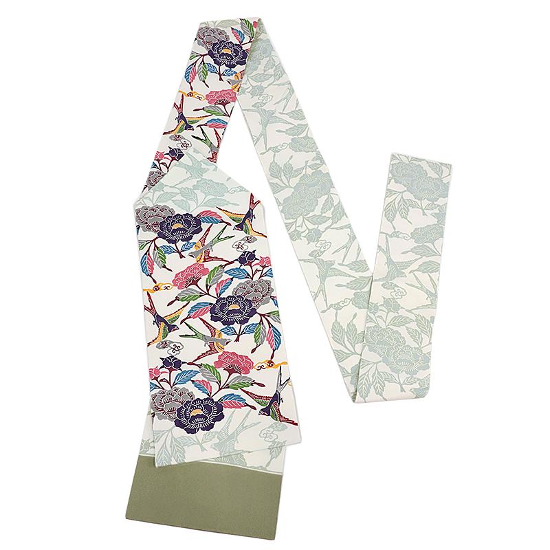 栗山吉三郎 名古屋帯 栗山紅型 和染紅型 紅型染 薄抹茶色 緑 山葵色 燕