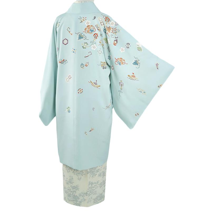 道中着 ロング 長羽織 正絹 十日町友禅 秀美 水色 宝尽くし 絵羽コート