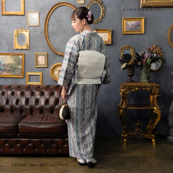 KIMONOMACHI 洗える着物 セット「袷着物：縞すずらん パープル