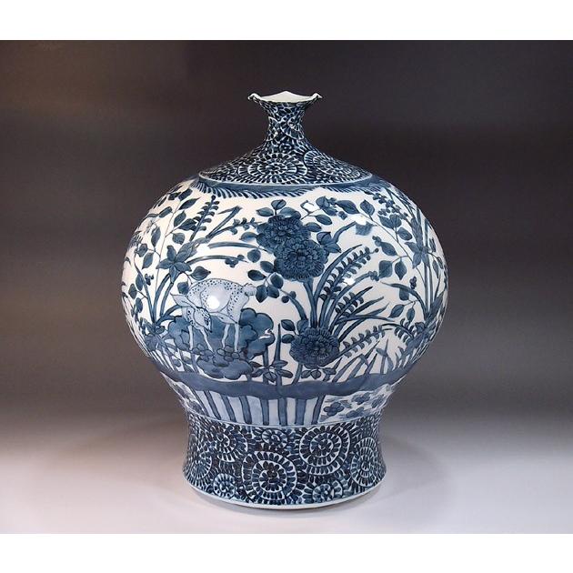 古染付蛸唐草割鹿景図花瓶｜有田焼 陶芸作家 藤井錦彩作 : 有田焼 藤井