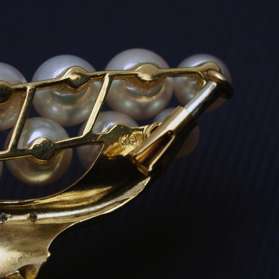 K18 アコヤ本真珠 ブローチ 天然ダイヤモンド付き あこやパール 18金