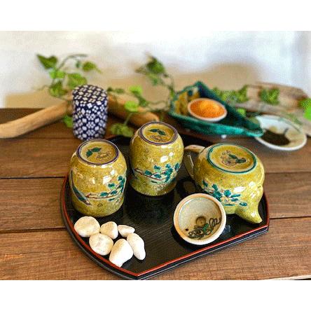 九谷焼 高級 陶磁器 急須3点セット 小 黄塗り金糸梅に鳥 裏絵(Kutani