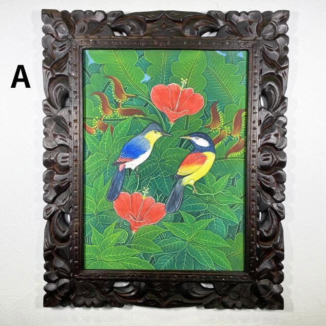 バリ絵画 ブンゴセカン 鳥の絵 ハイビスカス 赤 2柄 W43×H53cm バリ