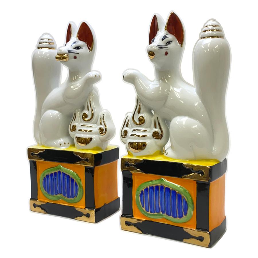 狐 一対 6寸 陶器 稲荷大明神 お稲荷さん お稲荷様 稲荷神 神具 : 栗田