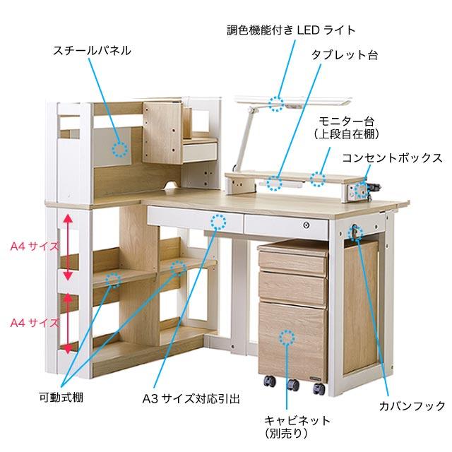 くろがね工作所 くみかえ型学習デスク ロータイプ ホワイト木目色 書棚