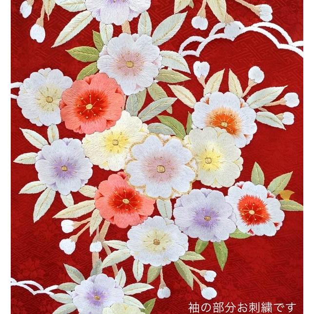 特選品 手刺繍振袖 仕立付き 四季花文 赤色 f-784 尾峨佐染繍 古典柄