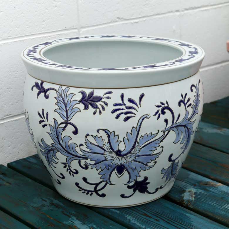 骨董 火鉢 大型 染付 睡蓮鉢 金魚 メダカ テーブル 鉢カバー 古民具