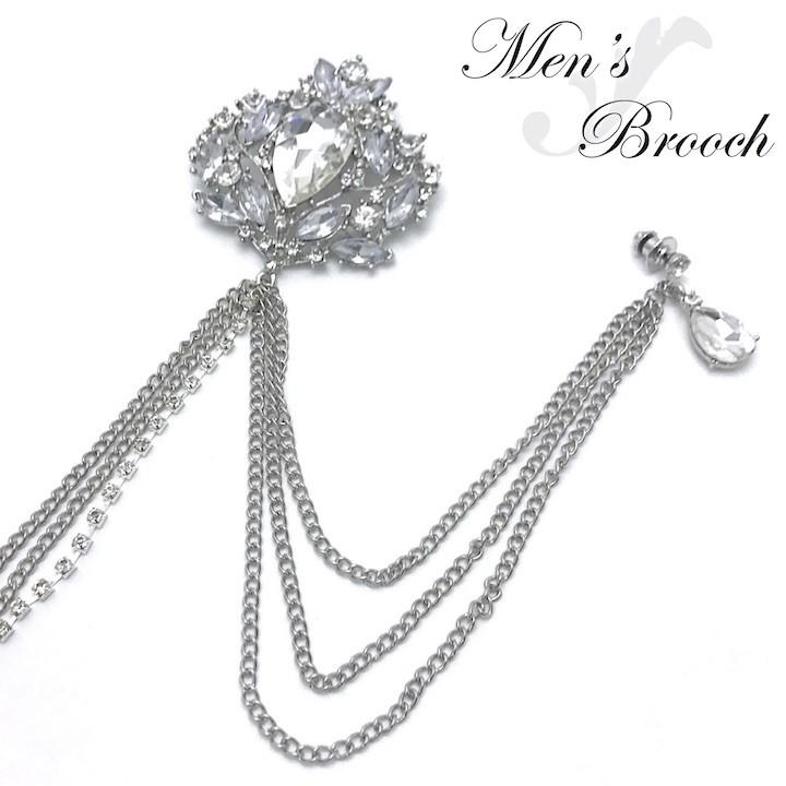 ブローチ クリスタル チェーン メンズ ゴージャス ストーン コサージュ