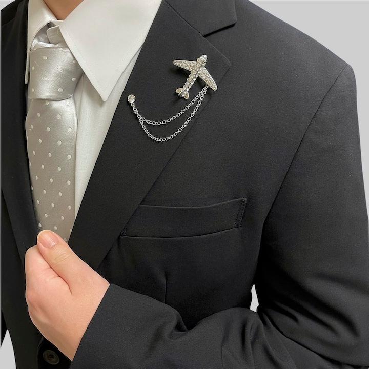 ブローチ メンズ ラペルピン 飛行機 チェーン取り外し可能 エアポート