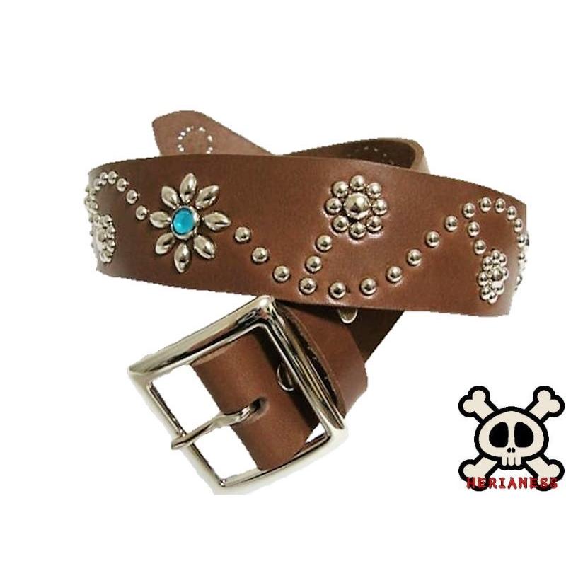 栃木レザー フラワー型 スタッズベルト チョコ アクアブルースポッツ