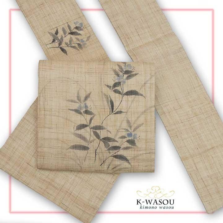 本麻名古屋帯 日本仕立て九寸名古屋帯 素描友禅の麻名古屋帯 単衣から