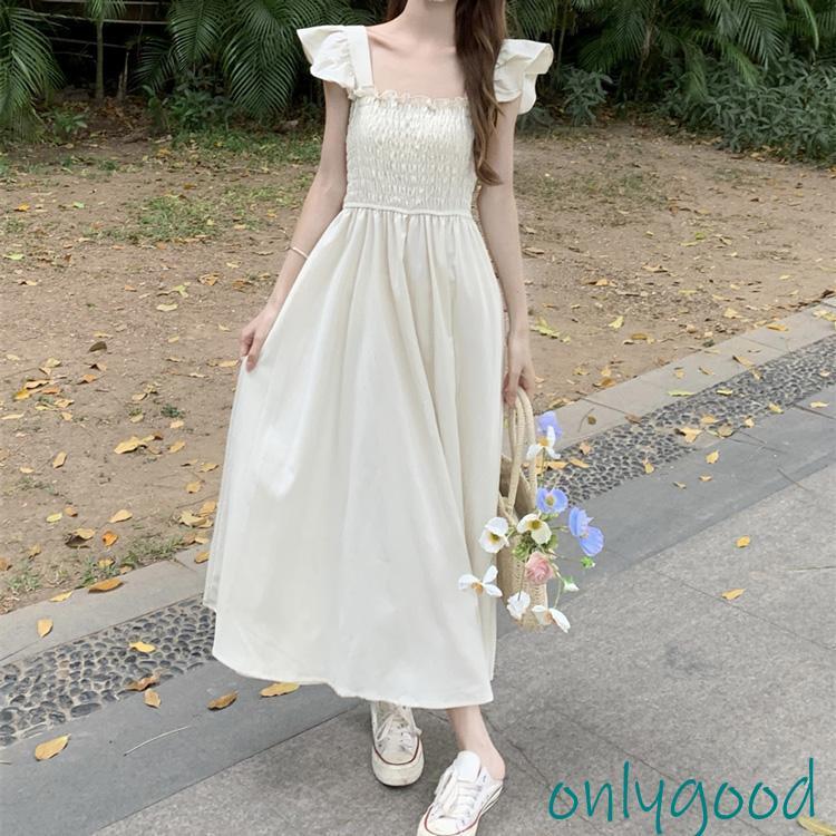 胸元 シャーリング ワンピース 白 黒 全2色 肩フリル ノースリーブ