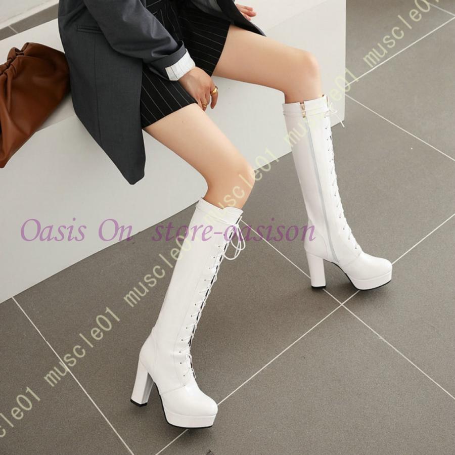 厚底ブーツ レディース ロングブーツ 編み上げ サイドファスナー