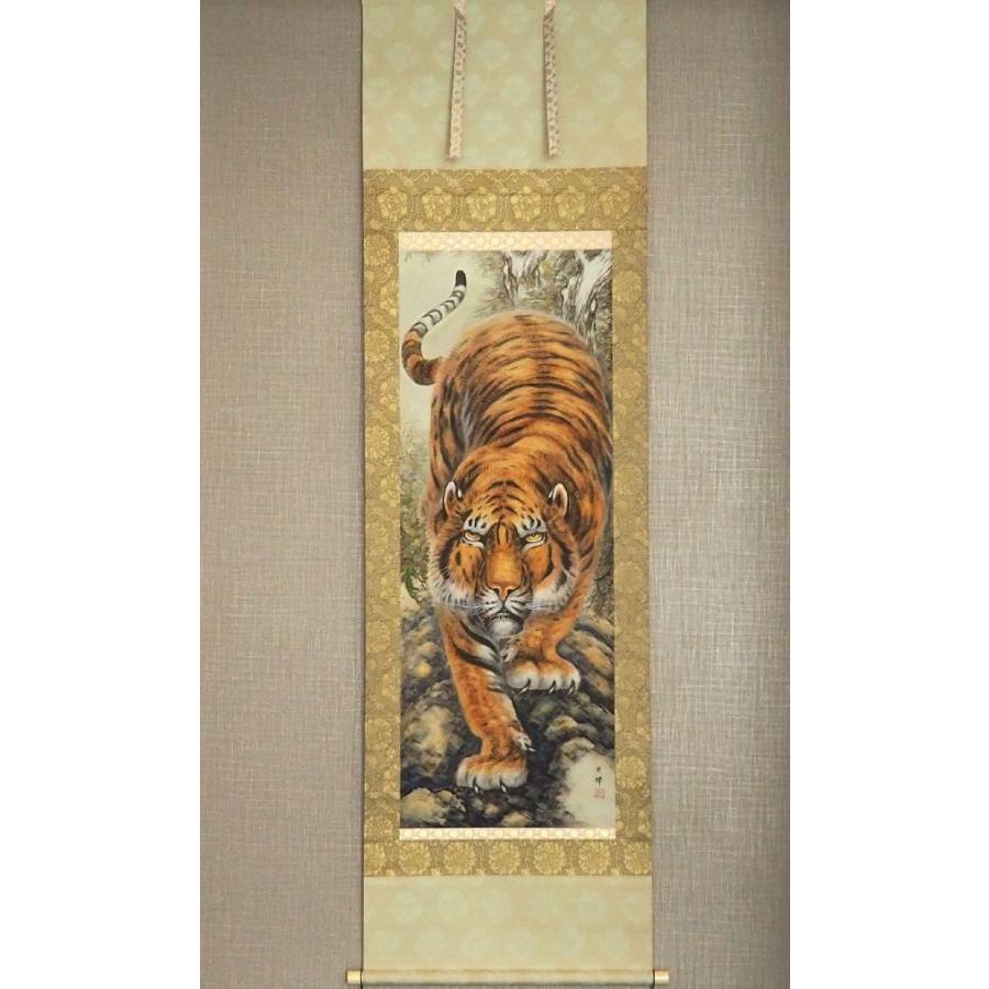 真作】 掛け軸 佐久間頼峰 ≪ 猛虎 ≫ ○金の毛描き 太巻 玉置頼石に