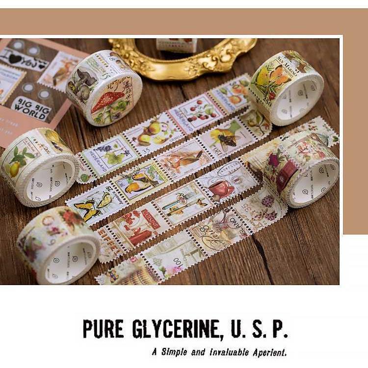 即納 マスキングテープ 海外 コラージュ 素材 レトロ 切手 花 植物 蝶