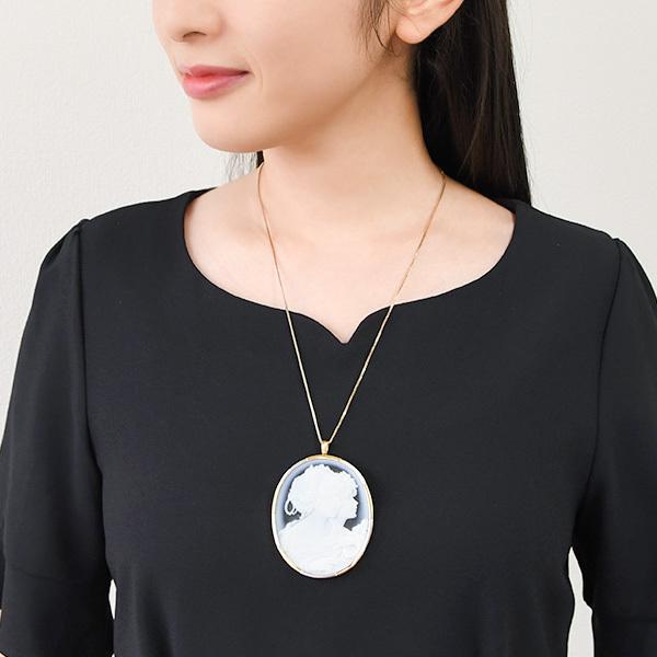 青メノウ カメオ ブローチペンダント K18YG Pt900 緻密な彫刻が美しい