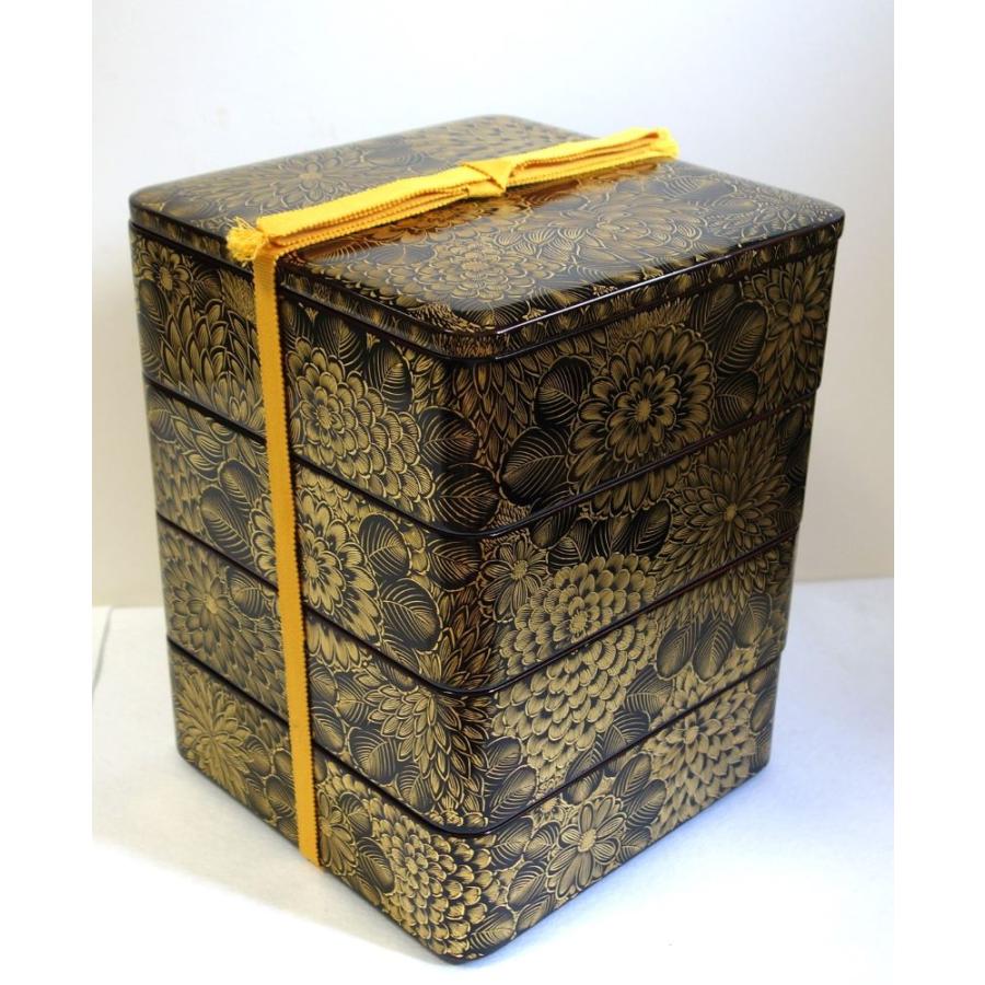 輪島塗 沈金菊文様 四段重箱 未使用 金ぴか 布着せ 本堅地 正月 祝膳