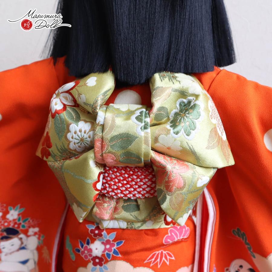 市松人形 元賀章介 12号尺二正絹手描 雲に御所人形 朱色 越前塗台