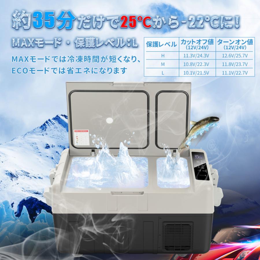 車載冷蔵庫 30L 2室タイプ -20℃〜10℃ 60W ポータブル冷蔵庫 同時冷蔵
