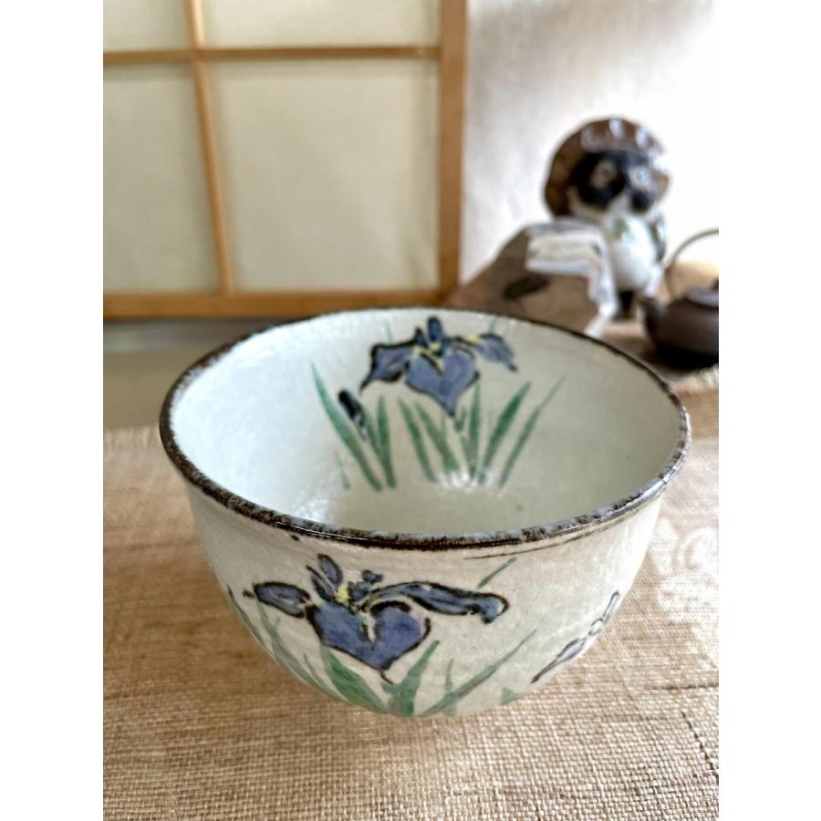 抹茶茶碗 京焼 平安 浅見与し三造 金彩 色絵 菖蒲文様 吉峯窯 日本茶