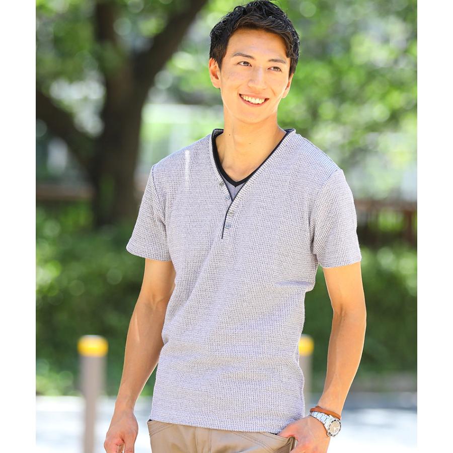 ヘンリーネックtシャツ 半袖 vネックtシャツ メンズ ワッフル 乳首透け