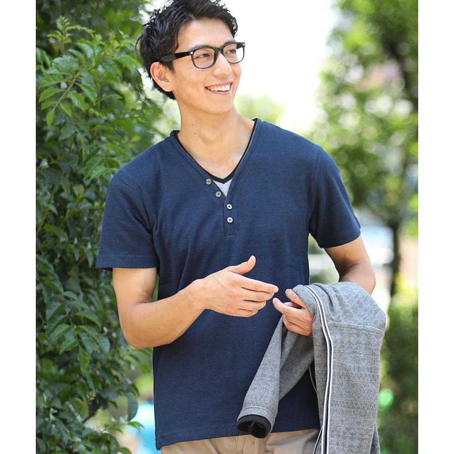 ヘンリーネックtシャツ 半袖 vネックtシャツ メンズ ワッフル 乳首透け