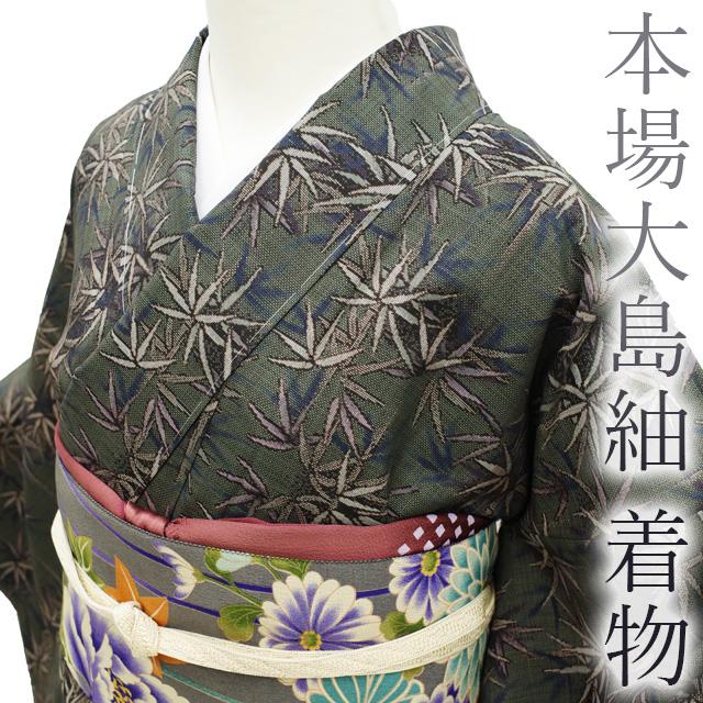 本場大島紬 袷 着物 9マルキ カタス式 くすみグリーン 灰緑 茶色 紫