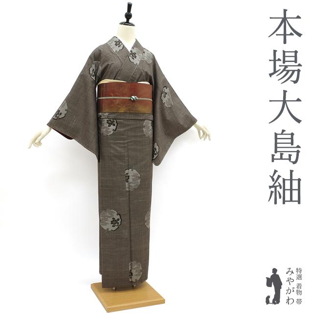 本場大島紬 袷 着物 正絹 7マルキ 一元式 黒こげ茶 雪輪 花