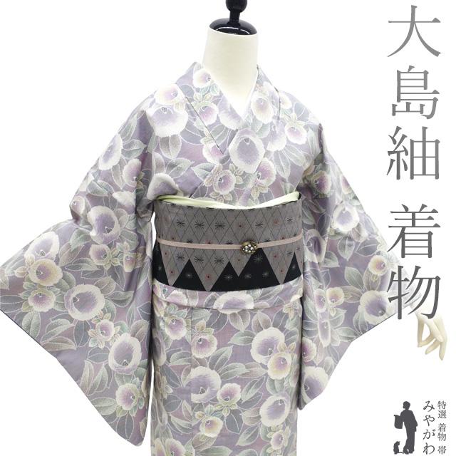 本場大島紬 着物 リサイクル 白大島 大島紬 色大島 正絹 紫 椿 花 中古