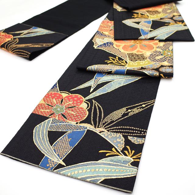 すごい値！袋帯 正絹 京都 西陣 上質 金糸 黒地 梅 笹 絹芯仕立て